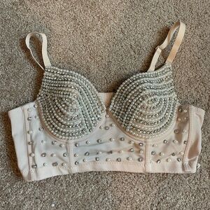 NWOT Embellished Rhinestone/ Pearl Bustier Crop Top